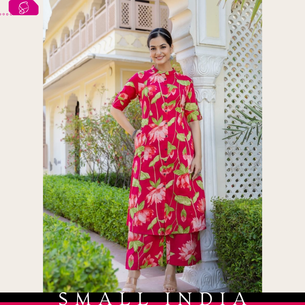 {**ส่งฟรี**} SMALL INDIA 🌺 Magenta Floral Printed Traditional Wear Kurti Set ชุดเซ็ทเสื้อกางเกง 🌺 Wo