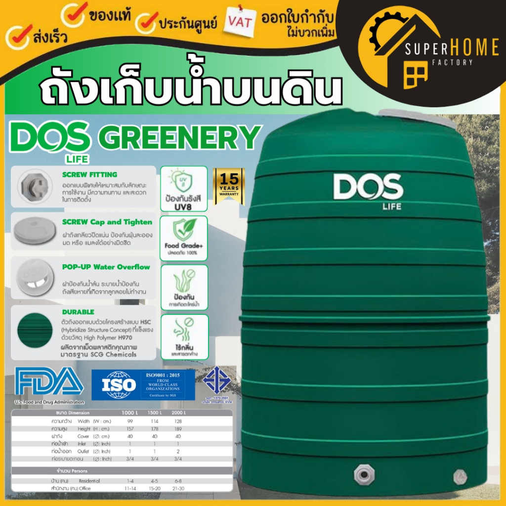 🔥ส่งฟรี 🔥 DOS ถังเก็บน้ำบนดิน GREENERY 1000ลิตร1500ลิตร 2000 ลิตร ถังเก็บน้ำดอส ถังเก็บน