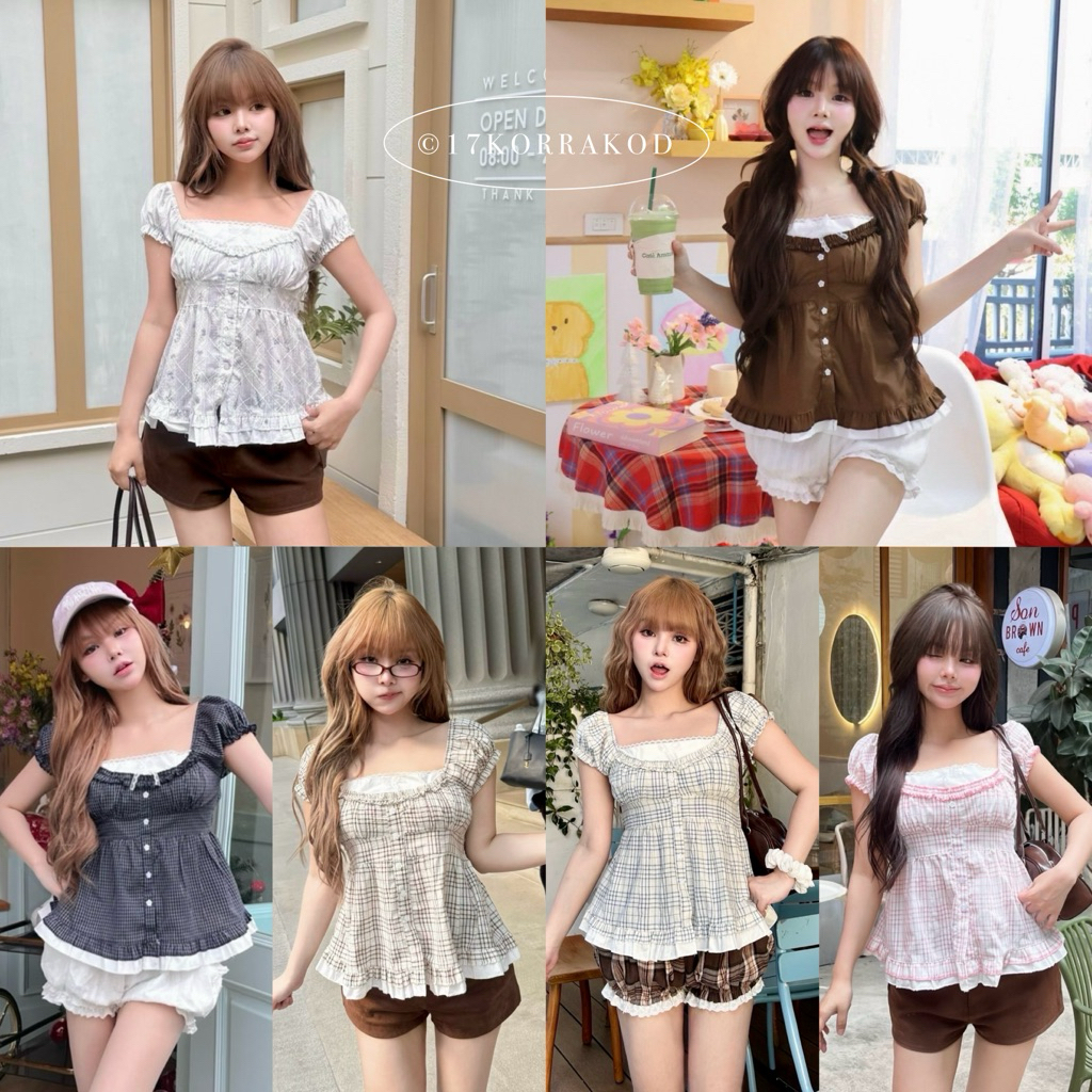 🌻เสื้อแขนตุ๊กตาแต่งสองเลเยอร์ชายระบาย ดีเทลสม็อคหลังมีเชือกปรับผูก (Nusa Style)