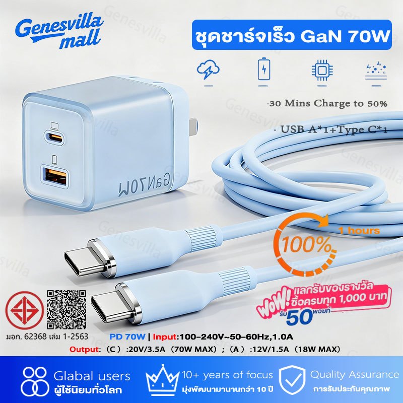 【รับประกัน 1 ปี】 สายชาร์จ Type C แบบพอร์ตคู่ 70W GaN FastCharging PD หัวชาร์จเร็ว+สายชาร์จเร็ว 60w