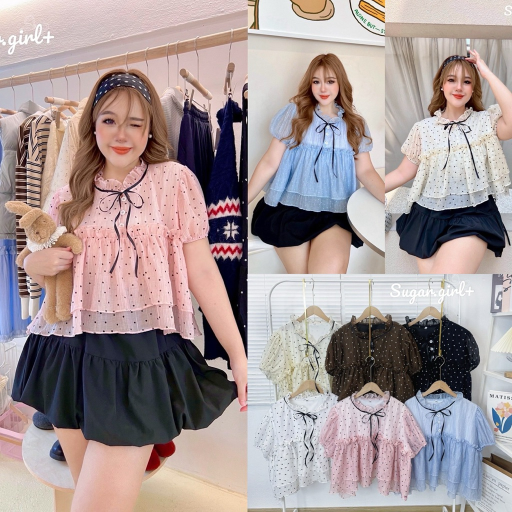 ✅เข้าเพิ่มค่ะ/SG/ เสื้อระบาย Polka Dot มีไซส์อก44-56 แต่งคอระบาย ติดริบบิ้นผูกโบว์ มีซับใน น่ารักมาก #พลัสไซส์