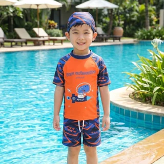 Babyonline(Y394)D2-3 (ส่งด่วน1วัน)ชุดว่ายน้ำเซ็ต3ชิ้นพร้อมหมวกสำหรับเด็กผู้ชายลายสัตว์น่ารัก
