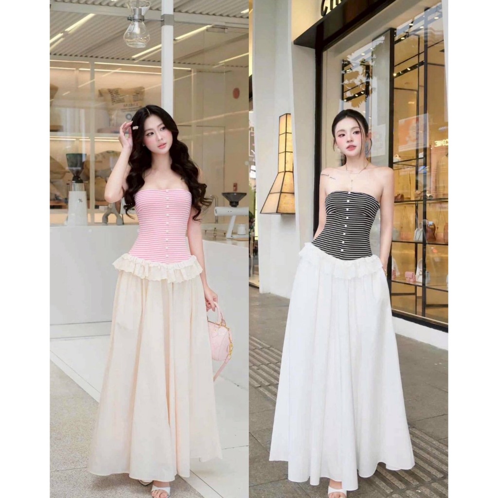 TBB BRAND  : เดรสเกาะอกรายริ้วแต่งระบายขอบbaby doll จากแบรนด์taobibi 🇻🇳💯