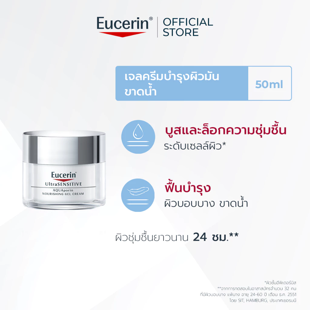 Eucerin UltraSENSITIVE AQUAPORIN NOURISHING GEL CREAM 50 ML มอยเจอร์ไรเซอร์บำรุงผิวหน้า ชุ่มชื้น สำหรับผิวมัน ขาดน้ำ