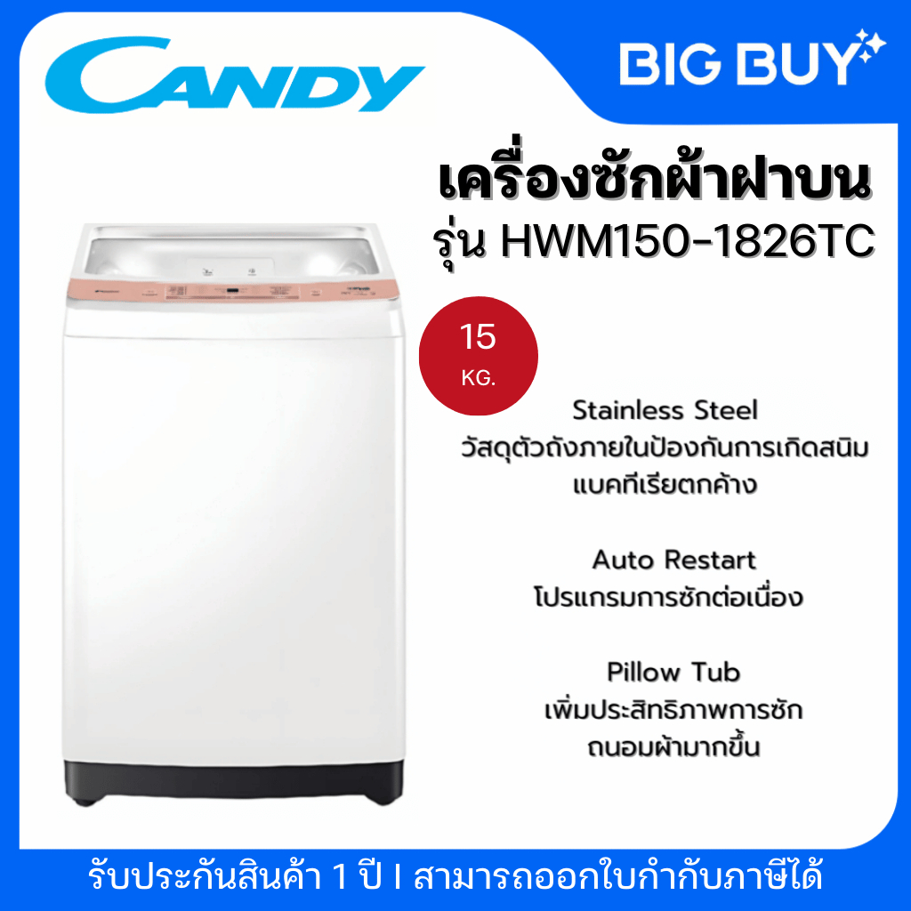 CANDY เครื่องซักผ้าฝาบนอัตโนมัติ รุ่น HWM150-1826TC ความจุ 15 kg