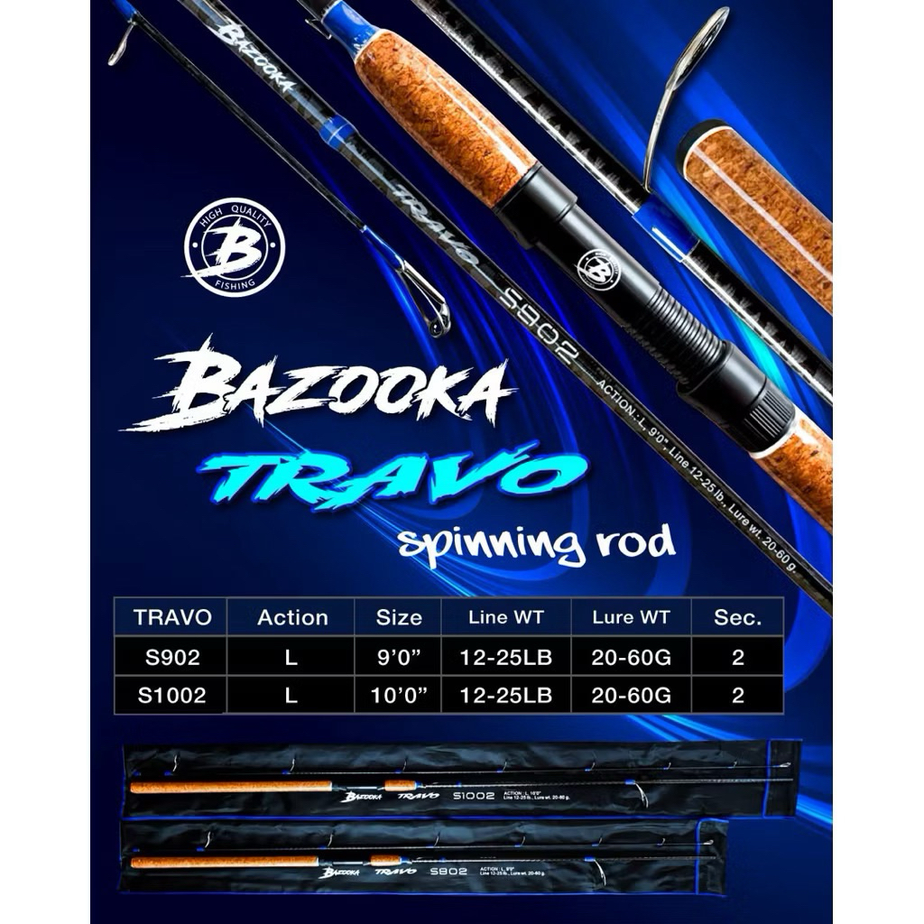 คันเบ็ดตกปลา คันสปินนิ่ง Bazooka TRAVO 9’0″ / 10’0″ เวท 12–25LB เหยื่อ 20–60g ด้ามคอร์กเต็ม จับถนัดม