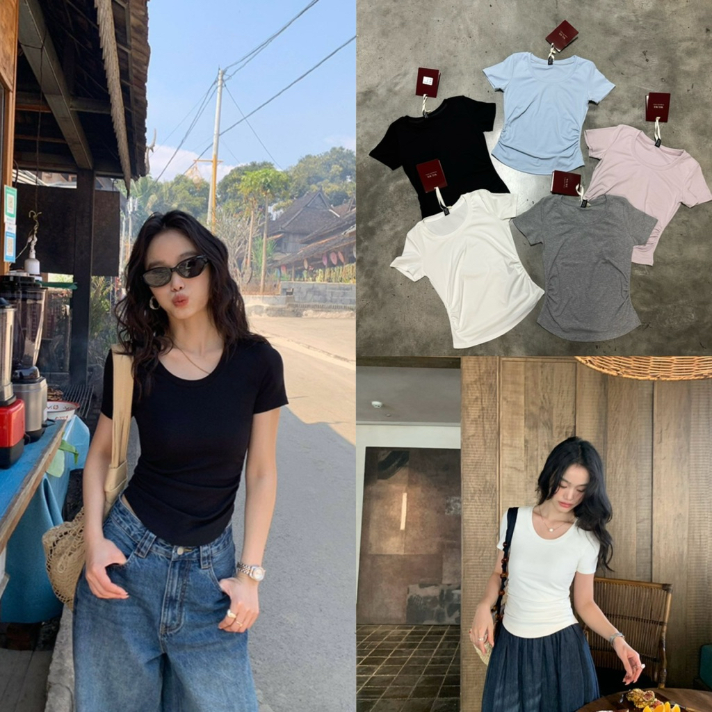 9020# เสื้อยืดคอกลมแขนสั้น จับจีบย่นช่วงเอว เนื้อผ้าดี งานสวย  TAG:WG.WE 🇰🇷