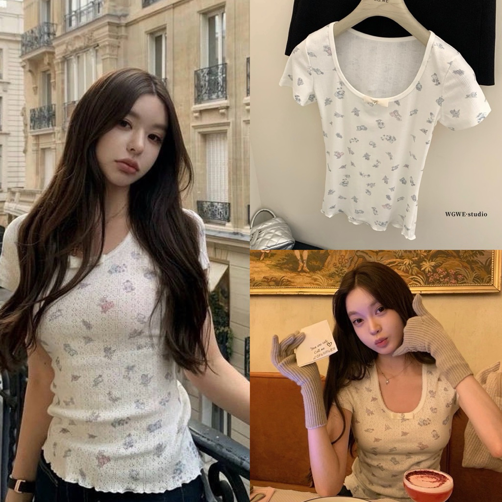 📍พร้อมส่ง 📍9183# เสื้อแขนสั้นคอกลม ปักลายช่วงอก เนื้อผ้าดี งานสวย TAG:WG.WE 🇰🇷