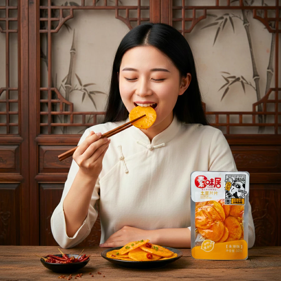 ขนม ของทานเล่น รากบัว มันฝรั่ง หน่อไม้ รวมรสความอร่อย ปรุงรสหม่าล่าเสฉวน 60กรัม รสเผ็ดเบาๆ กรอบหอมอร่อย thumbnail 7