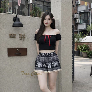COM027 TARA Pants กางเกงช้าง ขาสั้น แต่งพู่กระดิ่งที่ปลายขา เอวยางยืด ผ้าไหมอิตาลี ไม่ขาดง่าย ใส่สบาย ลายช้างไม่กลับหัว