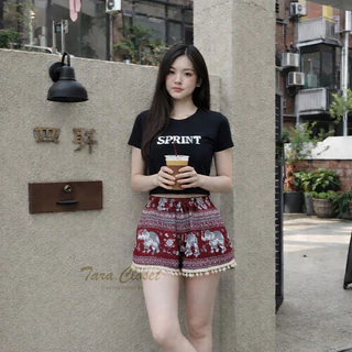 COM027 TARA Pants กางเกงช้าง ขาสั้น แต่งพู่กระดิ่งที่ปลายขา เอวยางยืด ผ้าไหมอิตาลี ไม่ขาดง่าย ใส่สบาย ลายช้างไม่กลับหัว