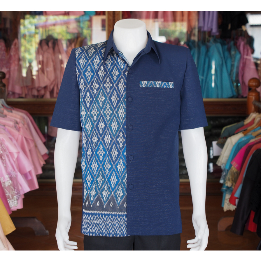 เสื้อสูทผ้าฝ้ายแต่งลายไทย สีกรมท่า อัดกาวทั้งตัว
