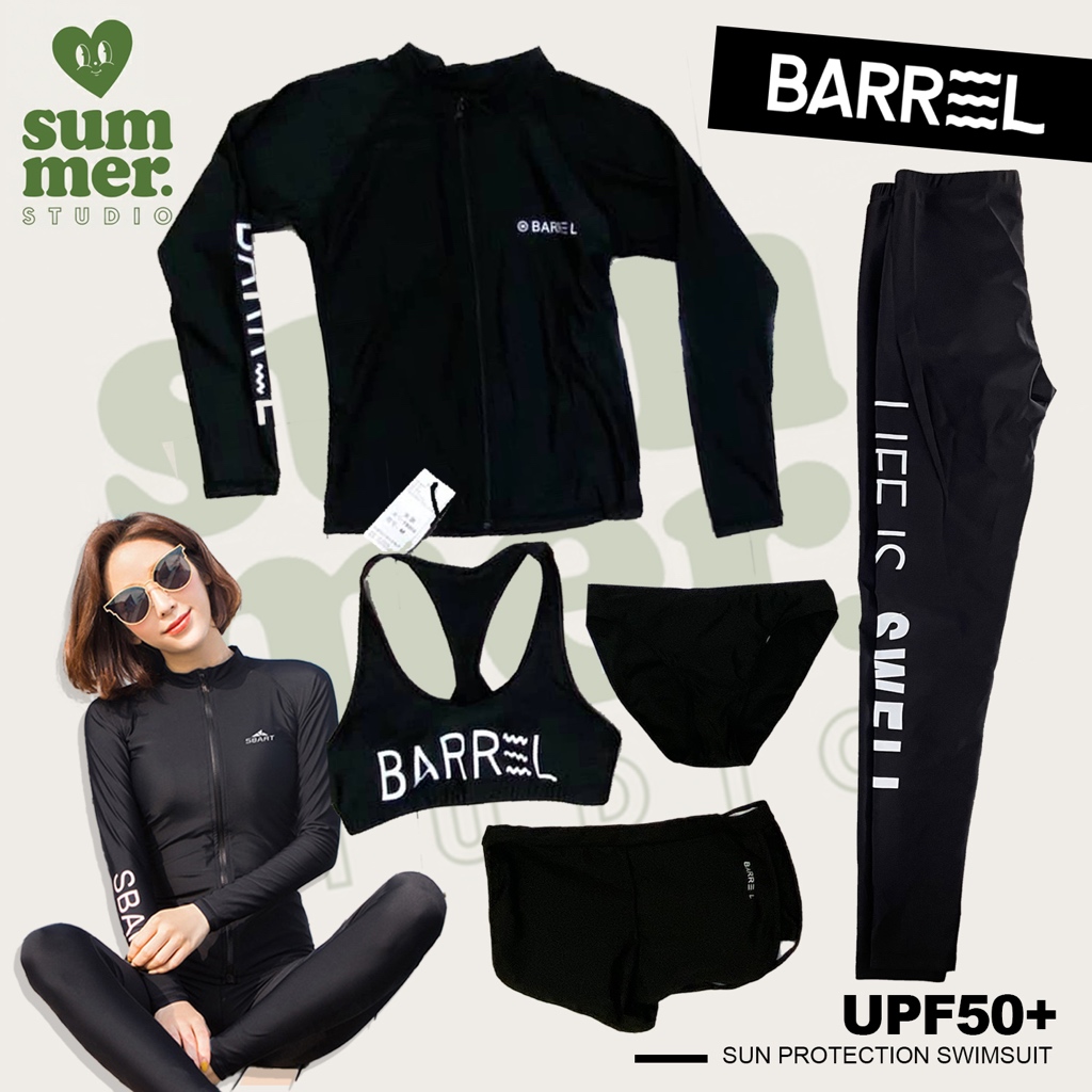꒰ ส่งทุกวัน♥ ꒱ 🐧🪐 ชุดว่ายน้ำ(5ชิ้น) BARREL แขนยาวสีดำ 🌤กันUV มีซิปหน้า~ พร้อมส่ง/M-2XL