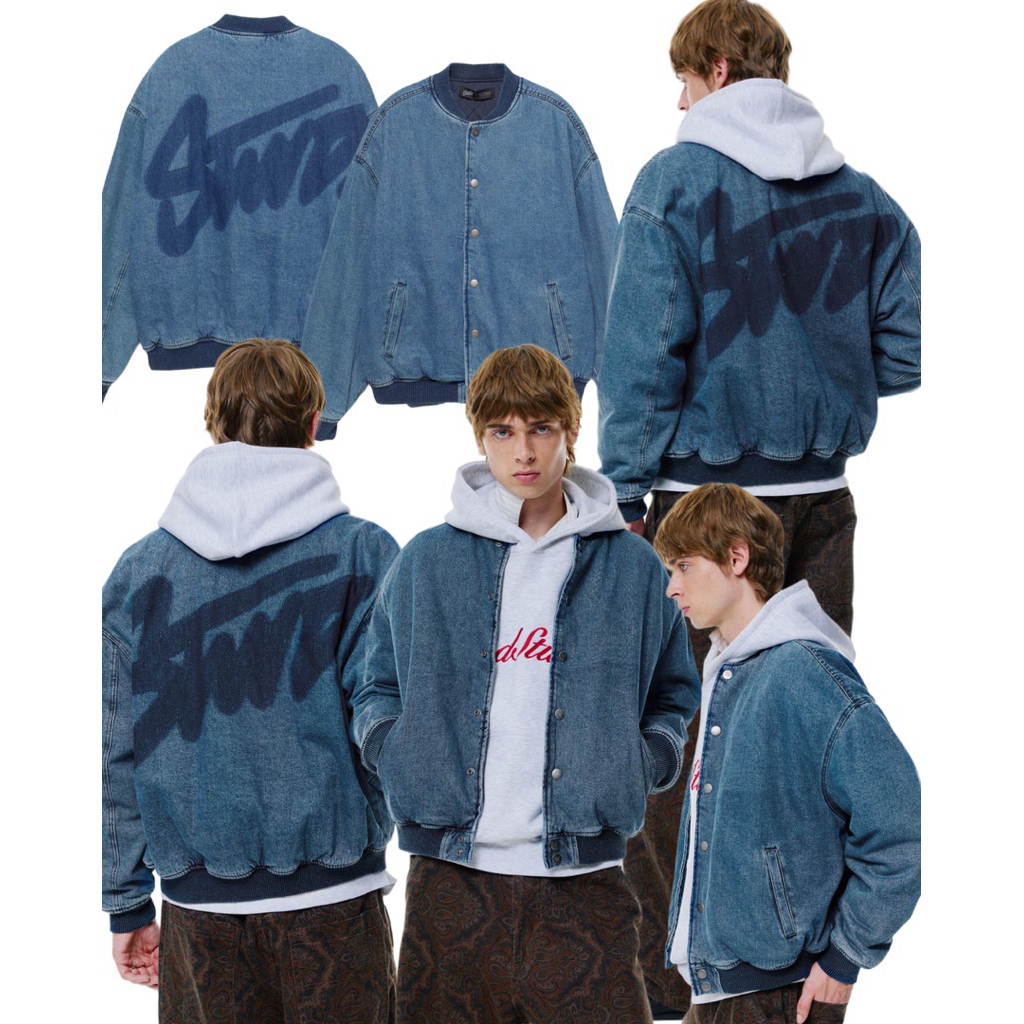 (ของแท้💯) Pull&Bear STWD denim bomber jacket แจ็คเก๊ทยีนส์ กระดุมสแน๊ป มีลายด้านหล้ง