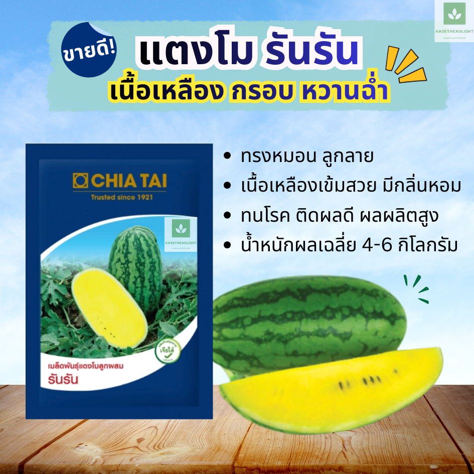 แตงโมรันรัน 40กรัม/ซอง เนื้อเหลือง ลูกลาย ทรงหมอน เมล็ดพันธุ์แตงโม เจียไต๋