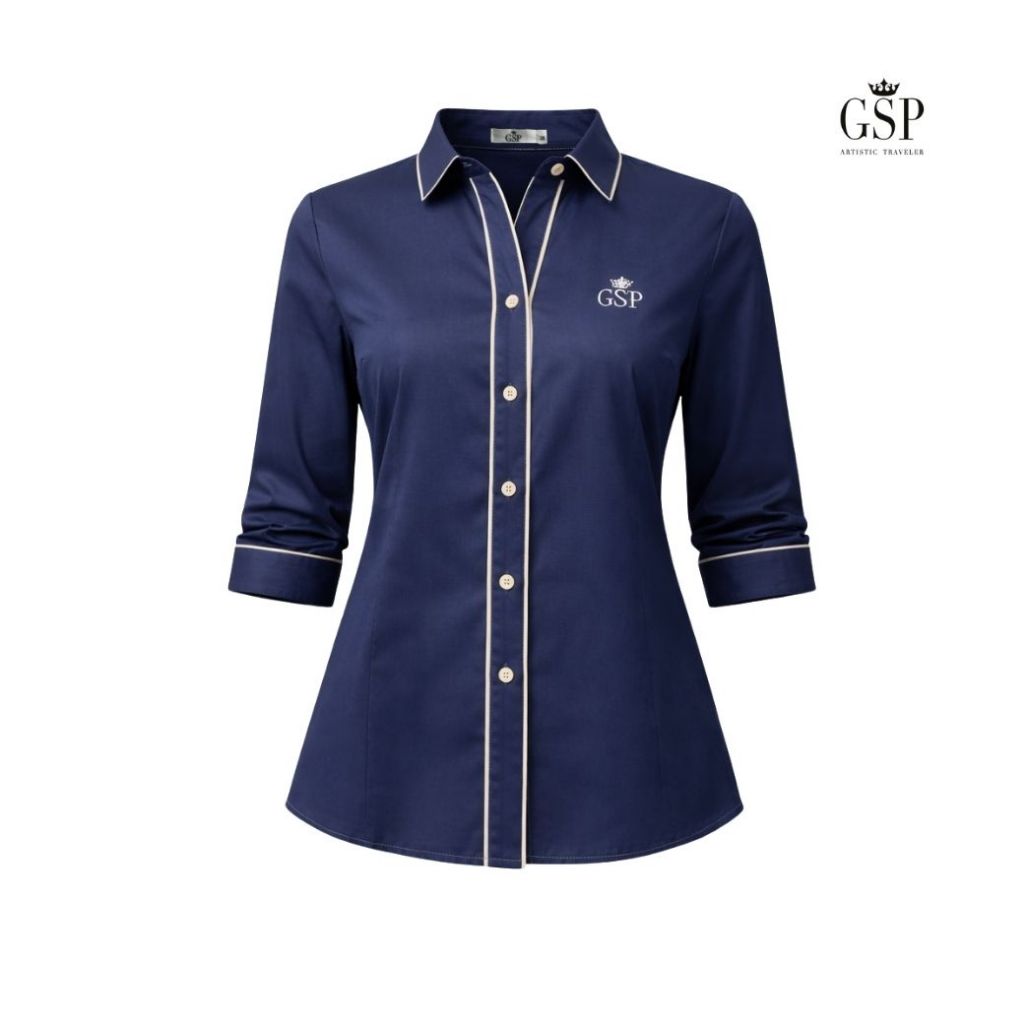 GSP จีเอสพี เสื้อเชิ้ต แขนยาว สีกรม แต่งขอบกุ้นสีขาว PR23NV