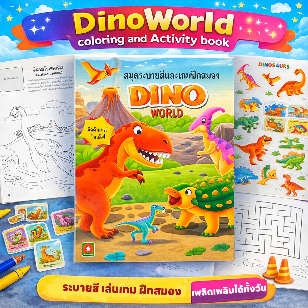 Aksara for kids หนังสือเด็ก สมุดภาพ ระบายสี และ เกมฝึกสมอง สติกเกอร์ DINO WORLD