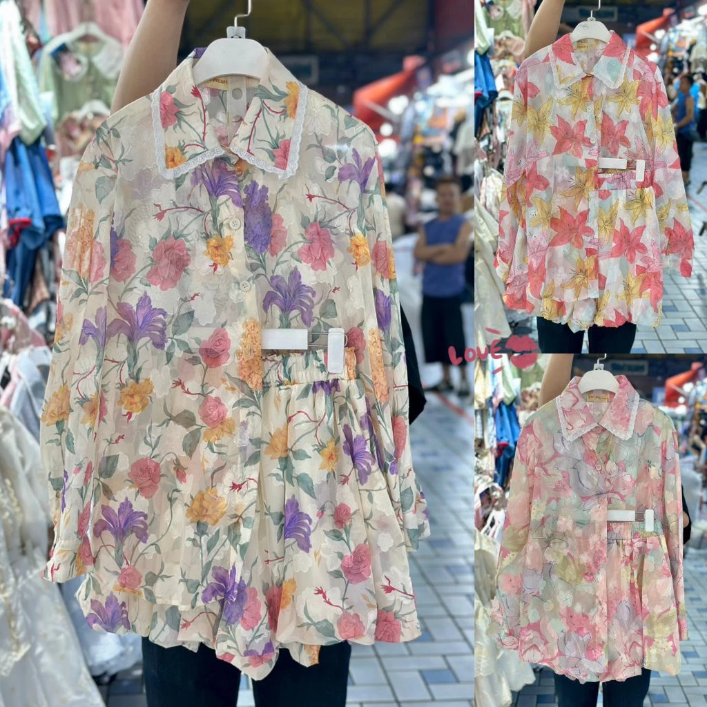 หมดไว‼️💐ชุดเซ็ทแฟชั่นผ้าชีฟอง สาวอวบพลัสไซส์ เสื้อแขนยาวคู่กับกางเกงทรงบอลลูน สวย🌺