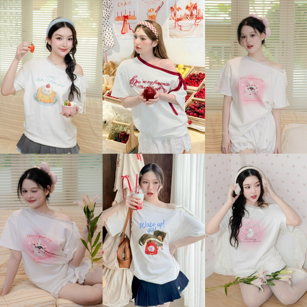 RIKA Dobby เสื้อยืดoversizeปาดไหล่ข้างเดียว