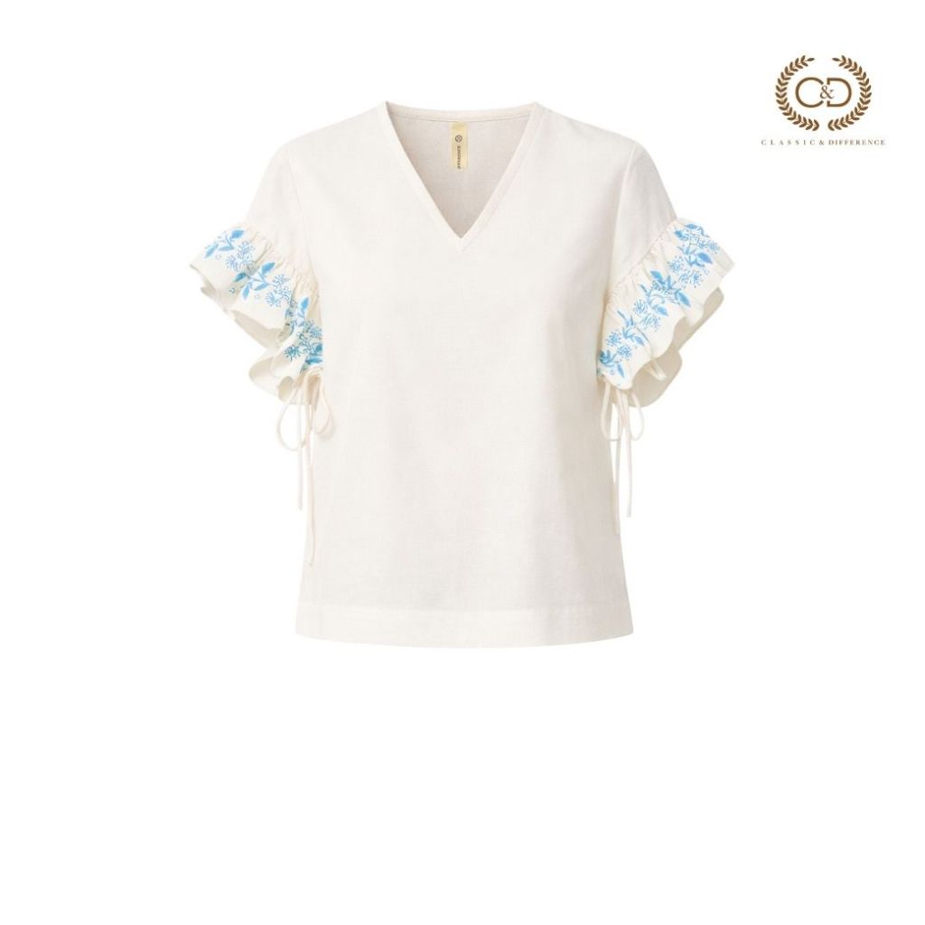 C&D เสื้อผู้หญิง Cotton Blouse เสื้อเบลาส คอวี แขนเลย แต่งระบาย วงแขนรูดได้ ปักลายดอกไม้ (CXJ3WH)