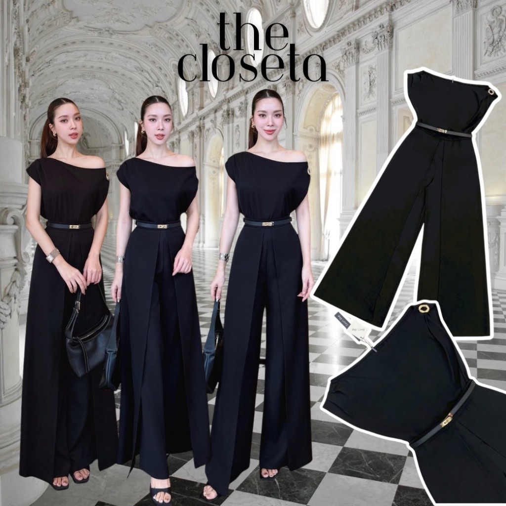 THE CLOSETA : LV326 ชุดเซ็ท3ชิ้น เสื้อเปิดไหล่ พร้อมกางเกงทรงขาบานผ่าด้านข้าง แถมเข็มขัดเข้าชุด
