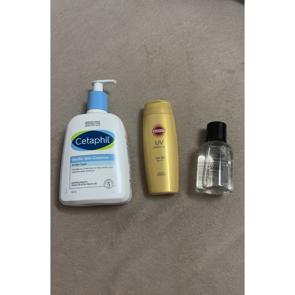 Cetaphil Gentle Skin Cleanser 500ml/SUNCUT UV perfect gel 120g/GLYCOLIC ACID 5% TONER 100ml