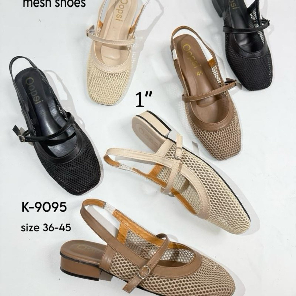 รองเท้าแมรี่เจนMary Jane ตาข่ายหลังเท้ามียางยืด ส้นสูง1นิ้วรุ่นk-9095(ไซซ์ 36-45)