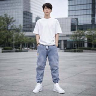 สินค้าเข้าใหม่ กางเกงยีนส์ปลายจั๊มพ์ เอวสม็อก ผ้ายืดใส่สบาย …