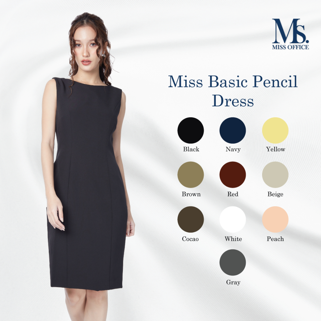 (ความยาว 38 นิ้ว) Miss Office เดรสแขนกุดทรงดินสอ (MD-101)