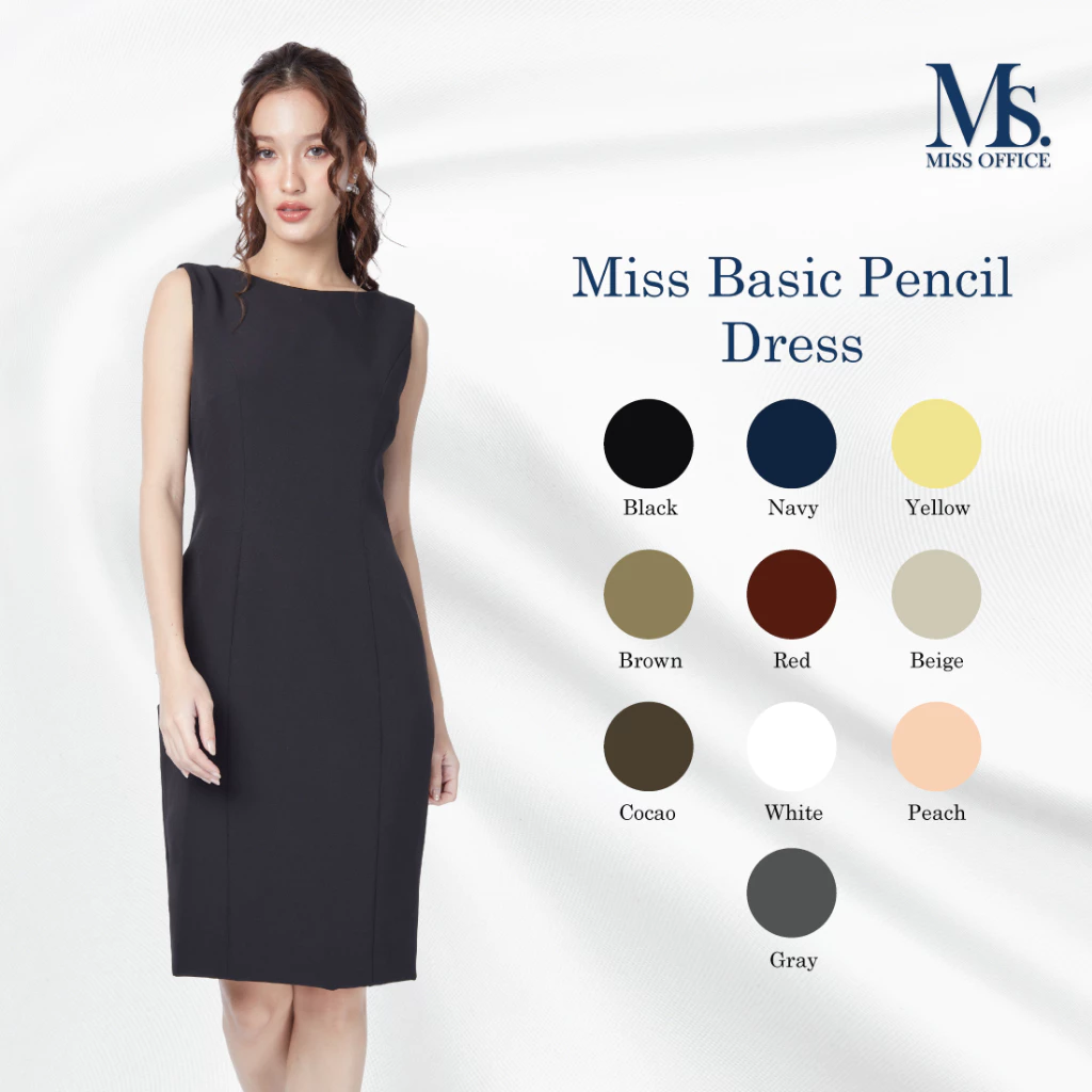 (ความยาว 38 นิ้ว) Miss Office เดรสแขนกุดทรงดินสอ (MD-101)