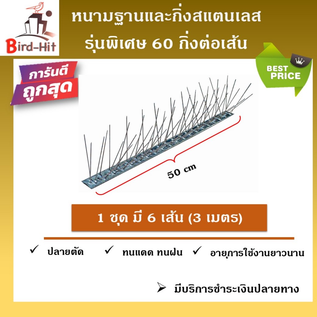 หนามไล่นก หนามกันนก​ ​ ฐานและกิ่งสแตนเลส รุ่นพิเศษ 60 กิ่งต่อเส้น จำนวน​ 6 เส้น (3 เมตร)