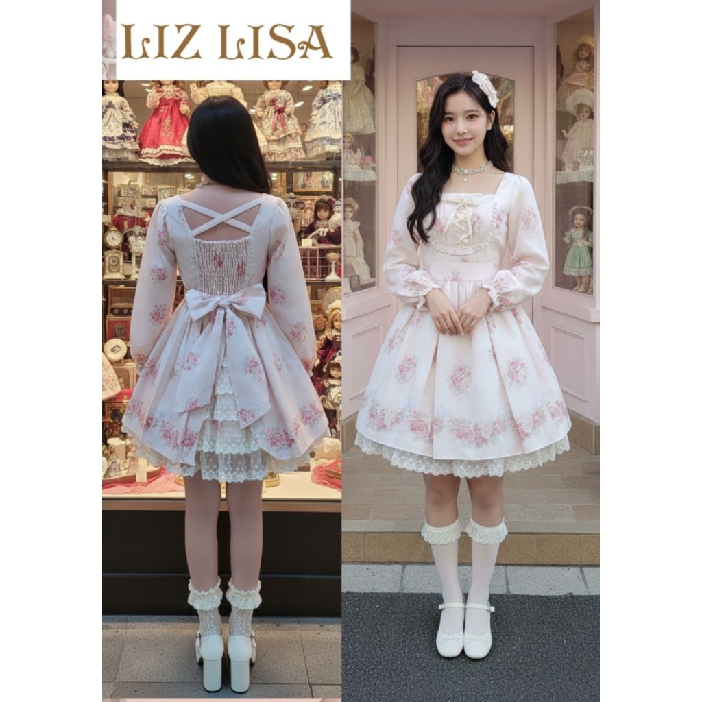 เดรส แบรนด์ Lizlisa มือ 1 ของใหม่ สีชมพูผ้าทอลายดอกไม้ หลังไขว้ กระโปรงด้านหลังประดับลูกไม้😘💕แบรนด์ญ