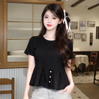 EVIOVIO【S-5XL】💫เสื้อยืดคอกลมดีไซน์ทูโทนที่ผสมผสานเสื้อยืดเข้ากับชายผ้าฉลุลายดอกไม้ ช่วยพรางหุ่น พร้อมส่งในไทย👜🎉