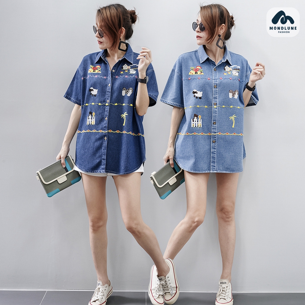 #4218 MondLune เสื้อเชิ้ตคอปกแขนสั้น กระเป๋าหน้า ลายปัก ทรงโอเวอร์ไซส์  ผ้ายีนส์เดนิมเนื้อดี