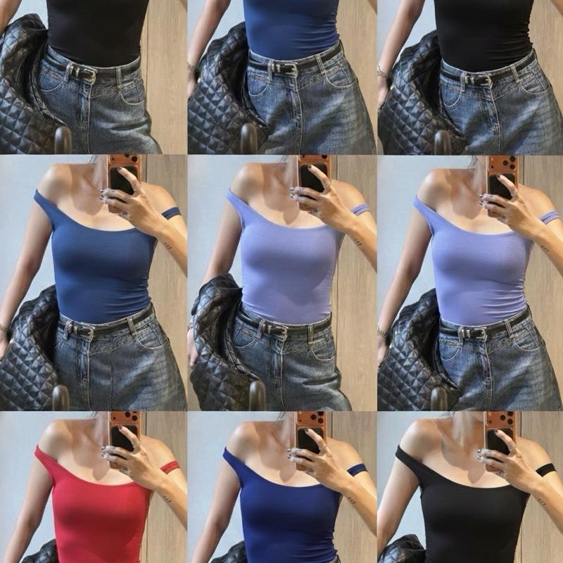 Atipashop - Asymmetric Strap Top เสื้อกล้าม ปาดไหล่ ผ้าเรย่อน สามารถใส่ได้หลายแบบ มีหลายสีให้เลือก