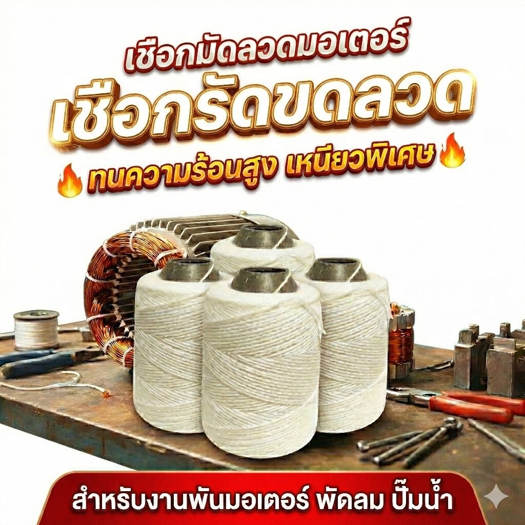 เชือกมัดลวดมอเตอร์ เชือกรัดขดลวด ทนความร้อนสูง เหนียวพิเศษ สำหรับงานพันมอเตอร์ พัดลม ปั๊มน้ำ (ม้วนใหญ่สุดคุ้ม)