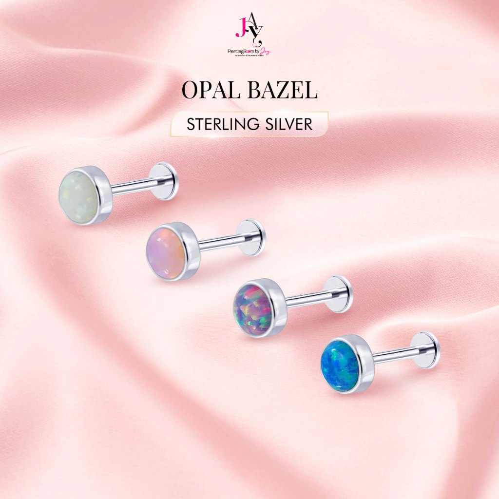 Piercingroom by Jay จิว/ต่างหูแป้นแบนสำหรับผิวแพ้ง่าย Opal Bazel แป้นแบน เงินแท้ (ราคาต่อชิ้น)