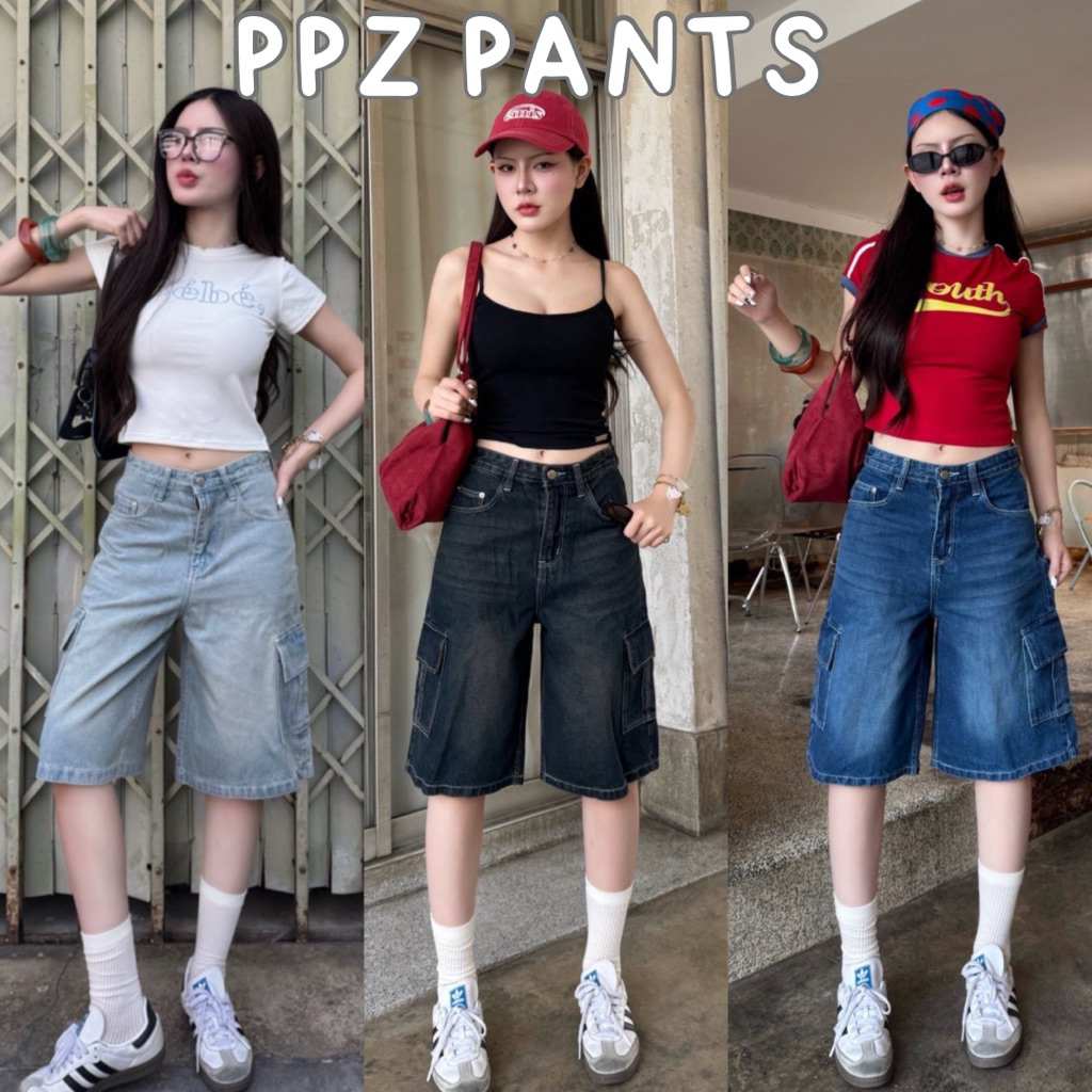 ᴄᴀʀɢᴏ ᴊᴇᴀɴꜱ กางเกงยีนส์คาร์โก้ ขา5ส่วน ผ้าไม่ยืด สีไม่ตก กางเกงยีนส์ผู้หญิง [S-3XL]