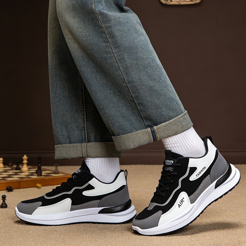 Luckkyshoes รองเท้าผ้าใบผู้ชาย ดีไซน์หนังเย็บปะแบบทรีโทน สะดุดตา คุณภาพสูง งานประณีต จัดส่งจากประเทศไทย