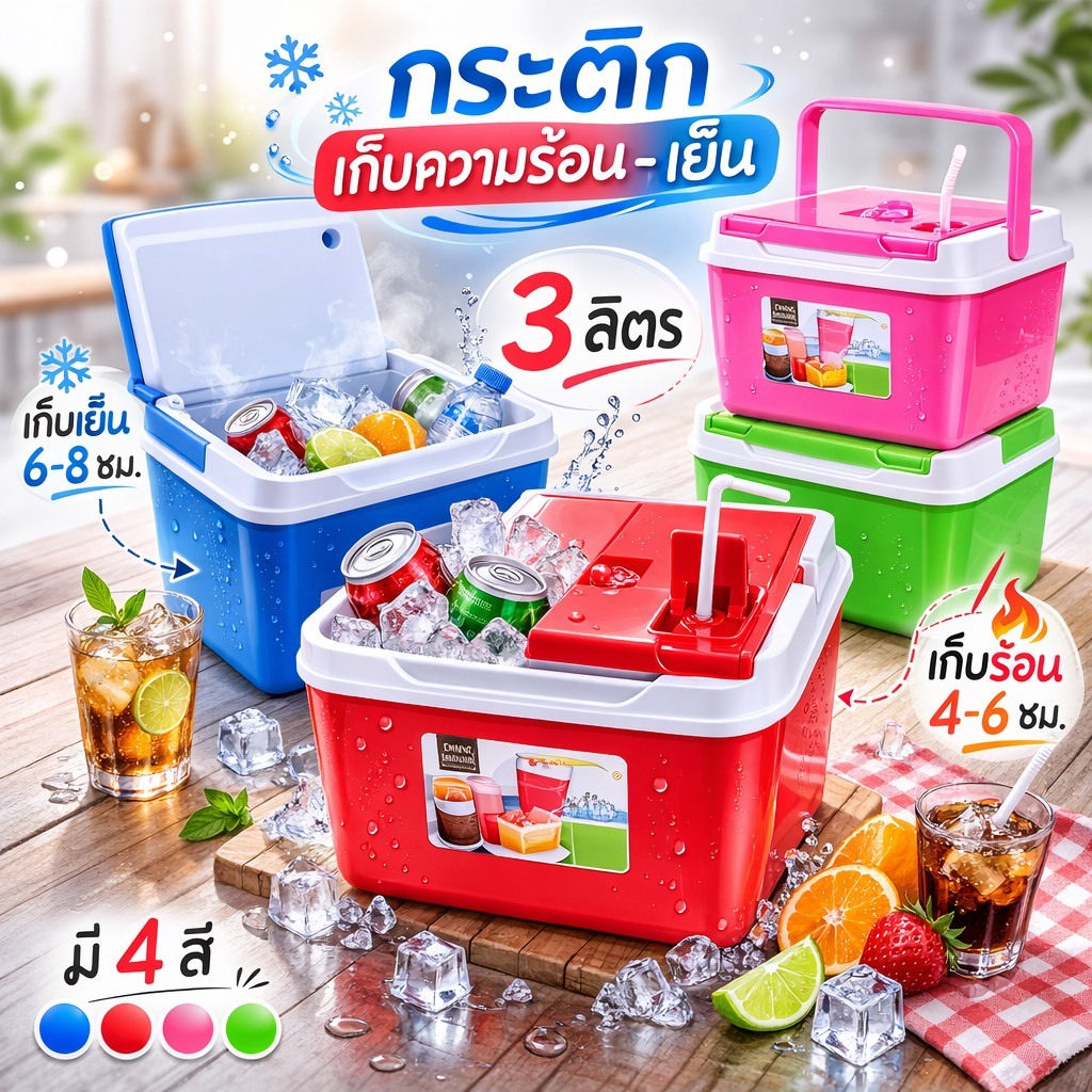 กระติกน้ำแข็ง (กระติกเหลี่ยม) สีหวาน มีหลายขนาดให้เลือก เก็บความเย็นได้นาน 5-6 ชั่วโมง