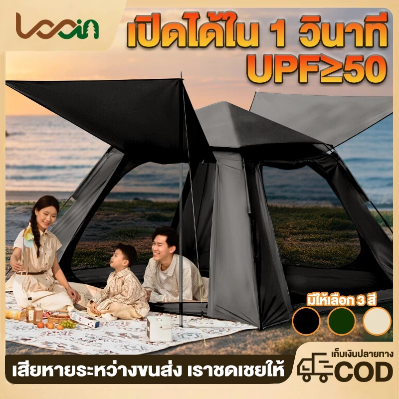 เต็นท์สนาม กางอัตโนมัติ สำหรับ 3-5 คน พับได้ กันฝน กันแดด