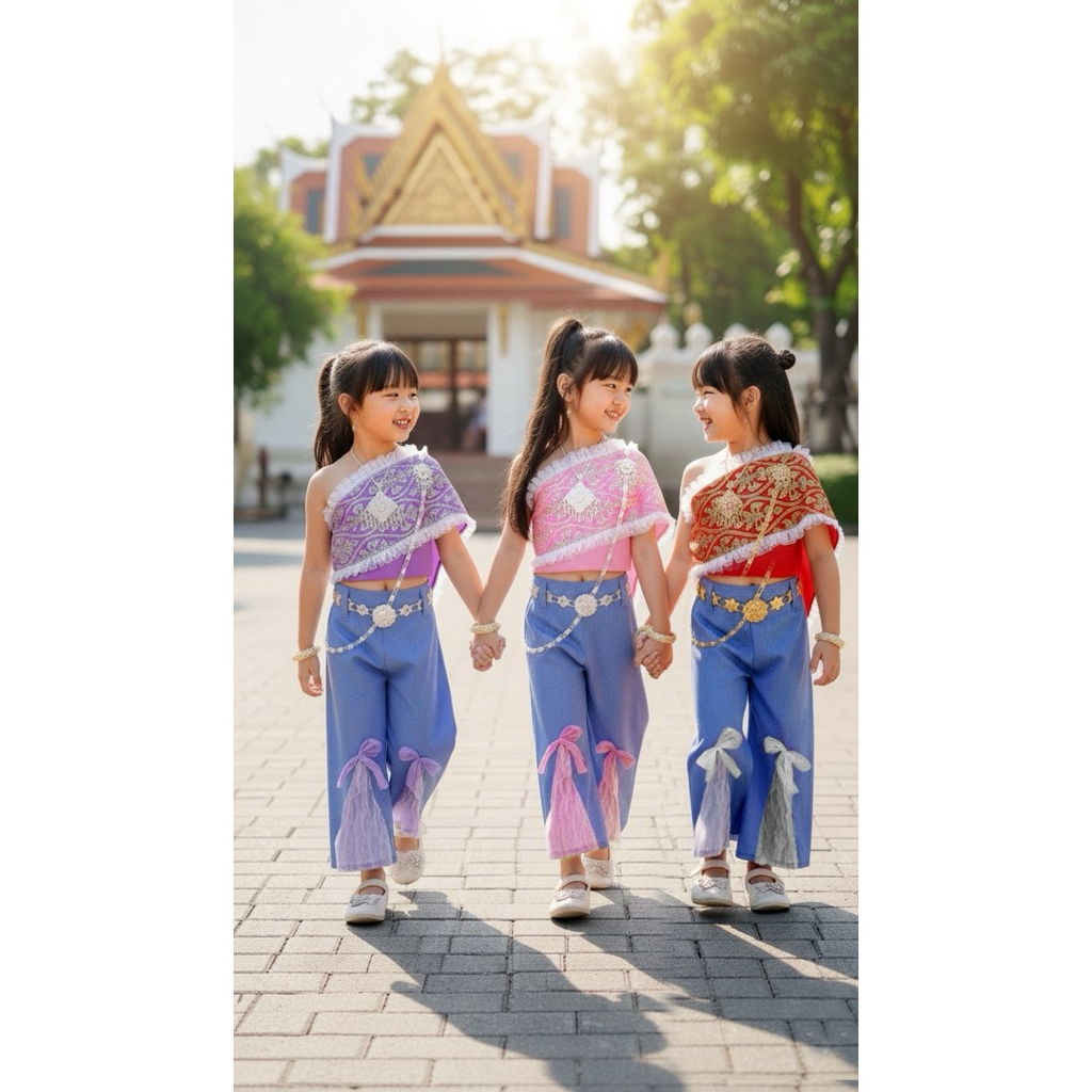 ชุดไทยเด็ก สไบยีนส์  สไบสำเร็จ ผ้าลูกไม้กากเพชร(กากเพชรมีหลุดร่วงบ้างเป็นปกติ)+ กางเกงยีนส์ สม็อคเอวด้านหลัง #nid