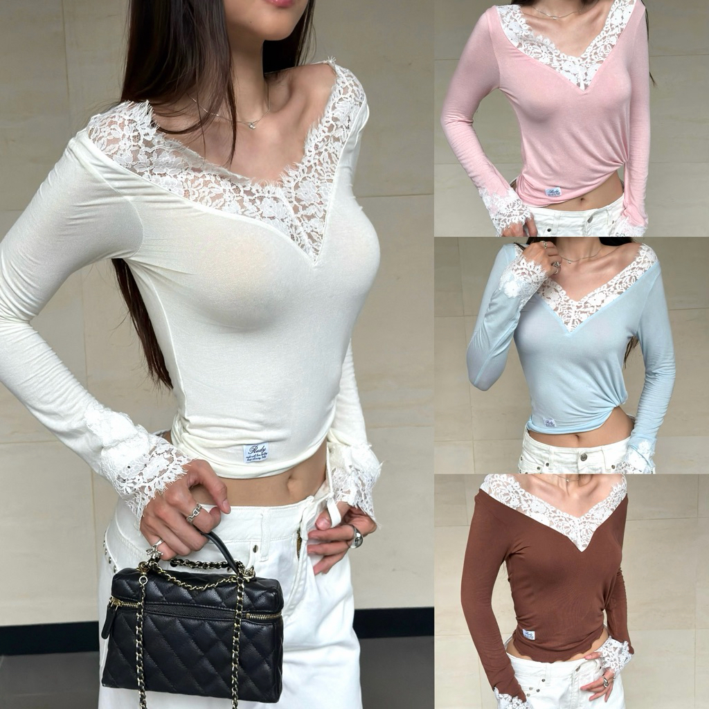 RUDY-DREAMY LACE TOP 🎟️💘เสื้อลูกไม้คอวีผ้าบาง****ยืดลูกไม้เกรดพรีเมียม (ดำ)