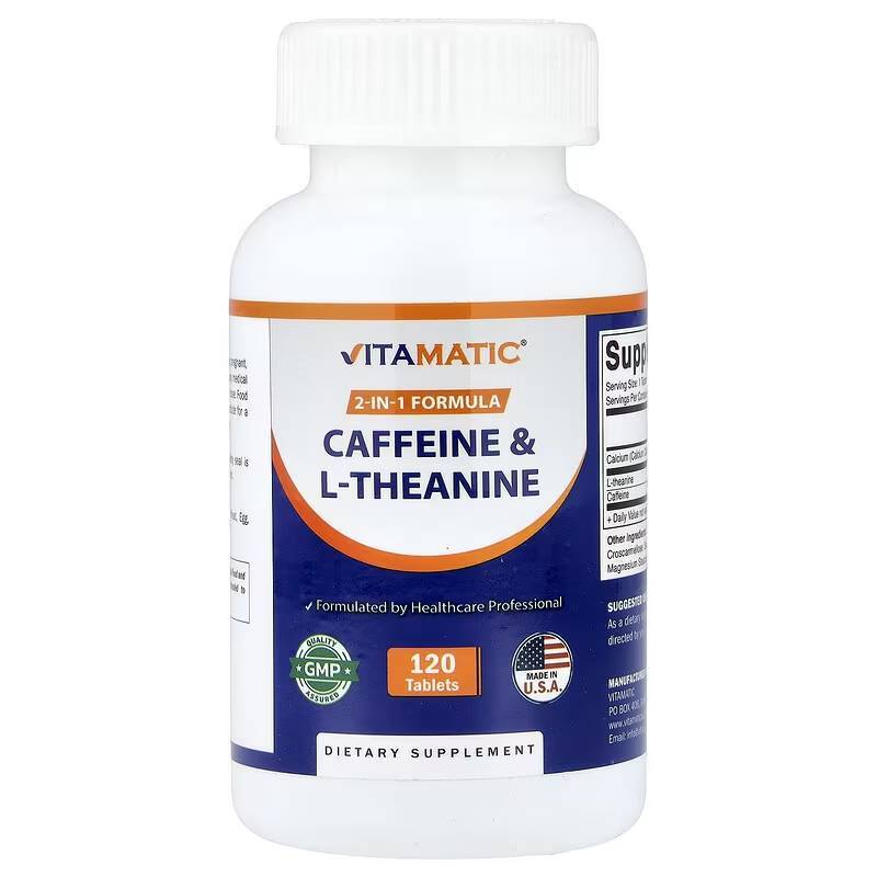 คาเฟอีน & แอล-ธีอะนีน Vitamatic, Caffeine & L-Theanine, 120 Tablets