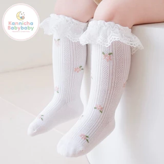 [พร้อมส่ง]ถุงเท้ายาวเด็กอ่อน เนื้อผ้าคอตตอนทอลายดอกไม้จิ๋ว สำหรับเด็กเล็ก