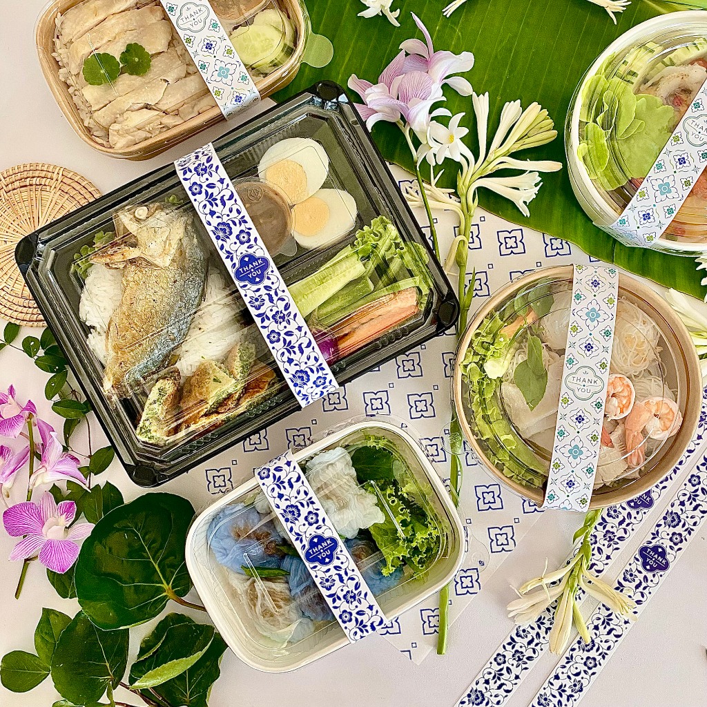 สายคาด ใบตอง ลายไทย ลายคราม จัดเบรค กล่องขนมไทย ข้าวเหนียวมะม่วง อาหารไทย ผลไม้ (50ชิ้น/แพค)