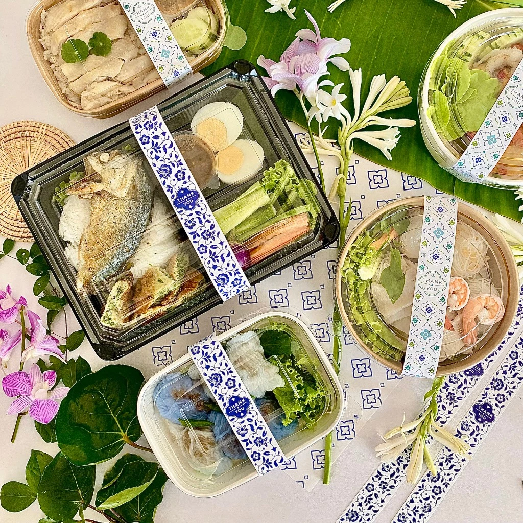 สายคาด ใบตอง ลายไทย ลายคราม จัดเบรค กล่องขนมไทย ข้าวเหนียวมะม่วง อาหารไทย ผลไม้ (50ชิ้น/แพค)