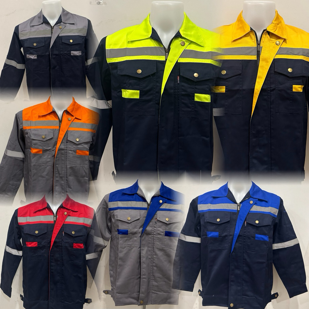 เสื้อช็อปช่าง ชุดยูนิฟอร์มช่างมีแถบสะท้อนแสง เนื้อผ้าสามารถกันสะเก็ดไฟได้ (โพลีเอสเตอร์ผสมฝ้าย) XS-6XL