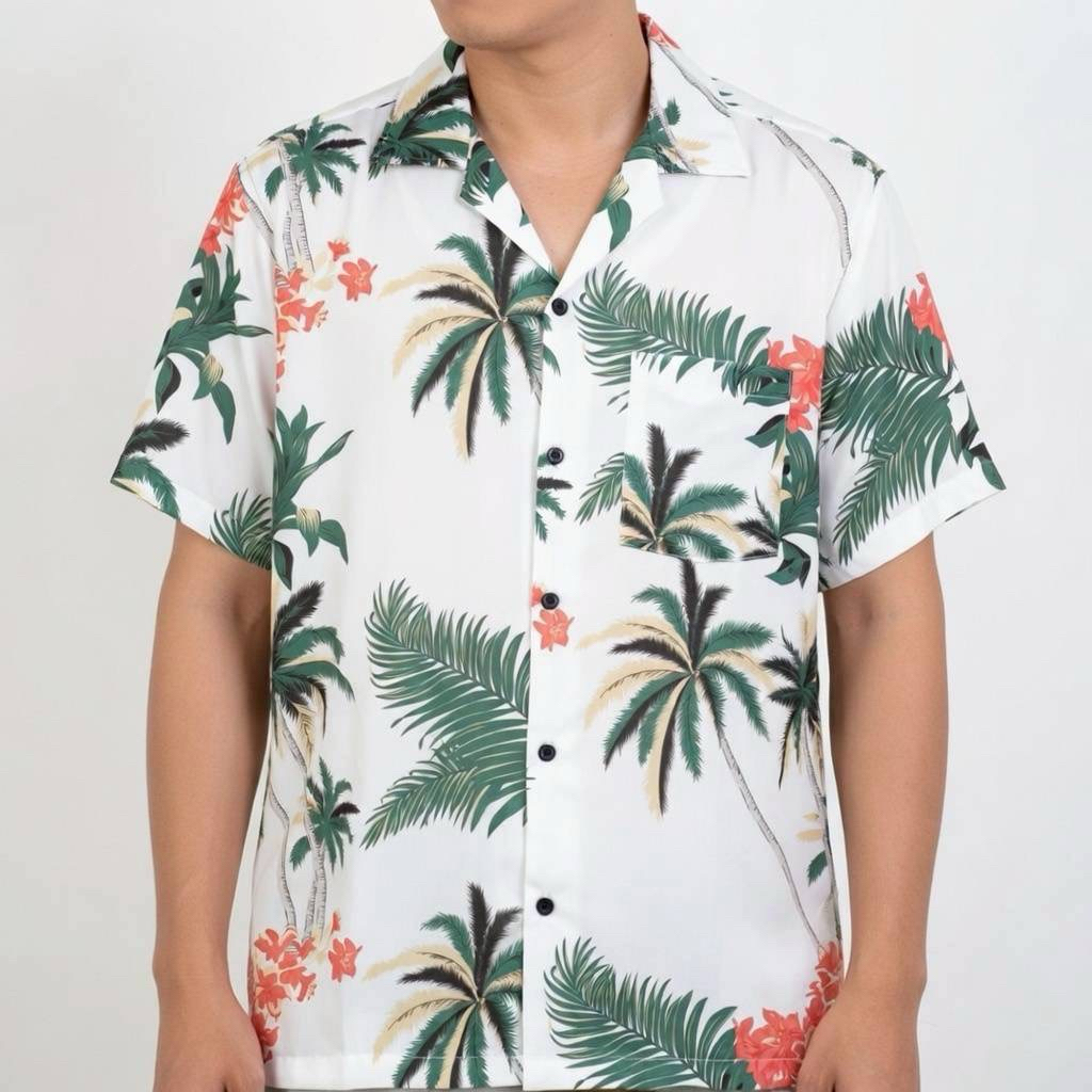 เสื้อเชิ้ตฮาวาย ลายต้นมะพร้าวฮาวาย (พื้นสีขาว) ผ้าไหมอิตาลี