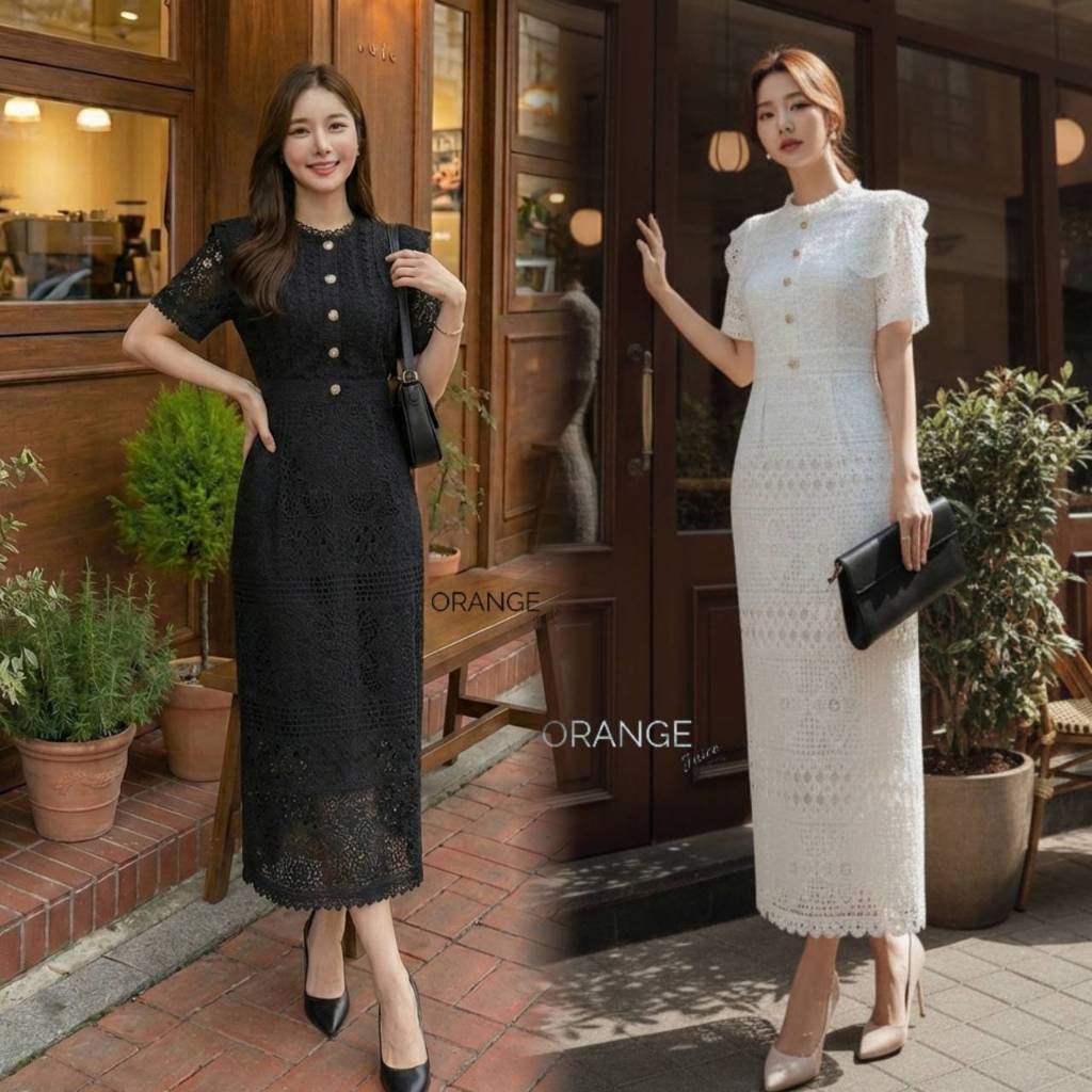 OR21898 เดรสลูกไม้สีขาว/ดำ แขนสั้นระบายไหล่ ชุดออกงาน ชุดไปงานแต่ง งานเรียบหรูดูแพง (S-5XL)